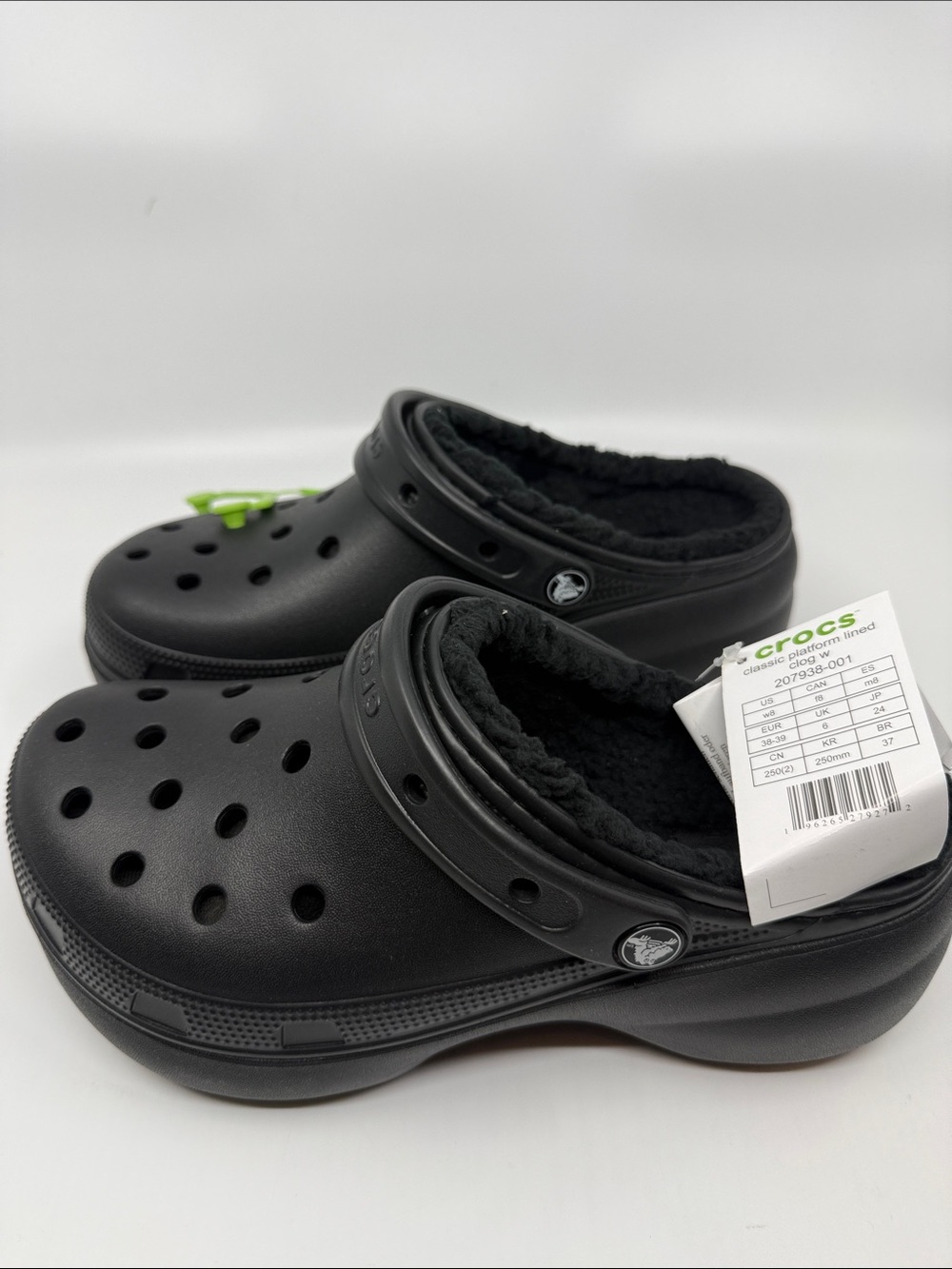 CROCS Kids Classic Lined Clog in Black with Green Charm